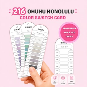 Puede incluir: Un juego de 216 tarjetas de muestra de color Ohuhu Honolulu de papel blanco con partes superiores redondeadas, impresas con nombres de colores, códigos y espacios ovalados en blanco para probar marcadores. Incluye texto que indica 12 códigos por tarjeta.
