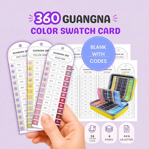 Op de afbeelding: Een Guangna 360 kleurstaalkaartset bestaande uit witte papieren stroken met cirkelvormige kleurmonsters en numerieke codes. De set bevat een gele etui gevuld met stiften en tekstlabels met 360 GUANGNA COLOR SWATCH CARD, BLANK WITH CODES, 24 COLORS/CARD, 4 PAGES en A4 & US LETTER.