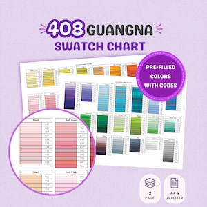 Puede incluir: Una tabla de muestras 408 Guangna con colores prellenados y códigos. El documento incluye dos páginas disponibles en tamaños A4 y carta de EE. UU. La tabla muestra varias categorías de colores como rubor, rosa suave, durazno y rosa claro en cuadrículas.
