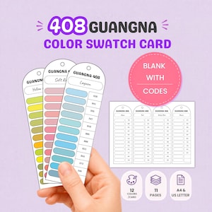 Könnte beinhalten: Ein Guangna 408 Farbmusterkarten-Set mit drei vertikalen Karten mit abgerundeten Oberseiten, die jeweils zwölf farbige Ovale und numerische Codes zeigen. Ein separates Blatt zeigt vier leere Karten mit Codes. Der Text umfasst 408 GUANGNA COLOR SWATCH CARD und BLANK WITH CODES.