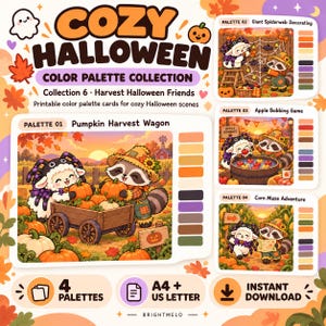 May include: A digital collection of four printable Halloween colour palette cards titled Cozy Halloween Colour Palette Collection 6 Harvest Halloween Friends. Each card features cartoon animals in autumn scenes with corresponding colour swatches.
