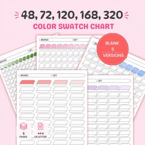 Könnte beinhalten: Ein Farbmuster-Chart-Set mit 5 leeren Seiten in A4 und US-Letter-Format. Die Blätter enthalten Raster für 48, 72, 120, 168 und 320 Farben mit Feldern für Marken- und Set-Namen. Das Design ist mit rosa Akzenten und Text versehen.