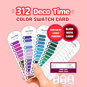 May include: A 312 Deco Time colour swatch card set featuring multiple white paper cards with circular holes and printed colour codes. The cards display various shades of purple, blue, and green. Text includes 312 Deco Time Colour Swatch Card, Sorted by Codes Version, Blank with Codes, and 182 Frost Blue.