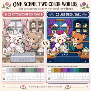 May include: A comparison chart titled ONE SCENE. TWO COLOR WORLDS. featuring two illustrations of a lamb and bear washing dishes. The left side shows a soft pink Cottagecore Tea Room, while the right side displays a rich blue Art Deco Jewel scene.