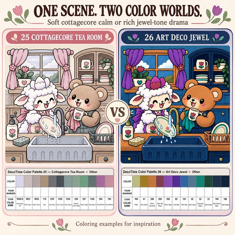 May include: A comparison chart titled ONE SCENE. TWO COLOR WORLDS. featuring two illustrations of a lamb and bear washing dishes. The left side shows a soft pink Cottagecore Tea Room, while the right side displays a rich blue Art Deco Jewel scene.