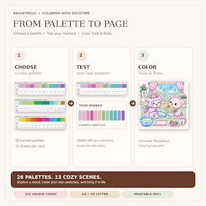 May include: An instructional graphic titled FROM PALETTE TO PAGE featuring three steps: choosing color palettes, testing markers with swatches, and coloring a scene of two cartoon characters, Tulie and Bubu, making pancakes.