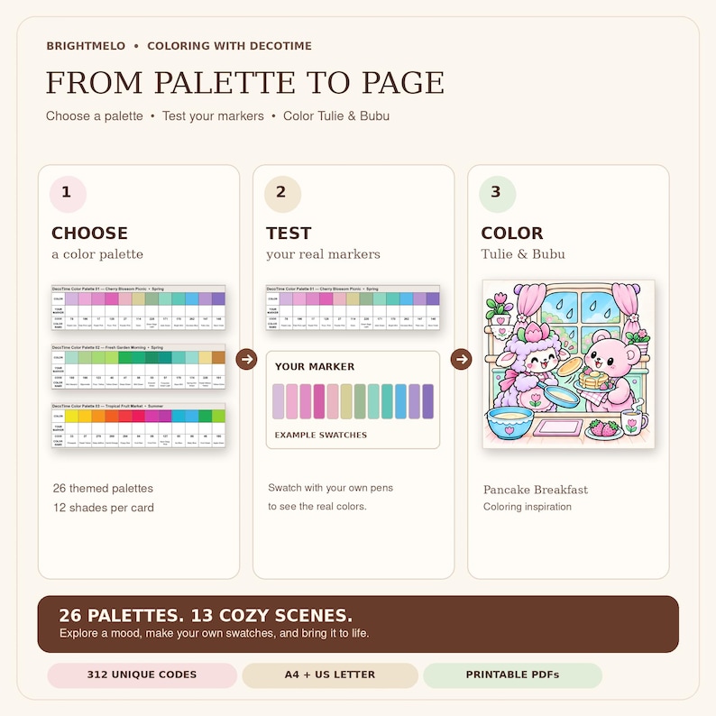 May include: An instructional graphic titled FROM PALETTE TO PAGE featuring three steps: choosing color palettes, testing markers with swatches, and coloring a scene of two cartoon characters, Tulie and Bubu, making pancakes.
