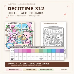 May include: DecoTime 312 color palette cards featuring 26 themes with 12 colors each. Includes a colored example and a black and white printable coloring page titled Pancake Breakfast, plus a color palette chart with 12 specific color codes.