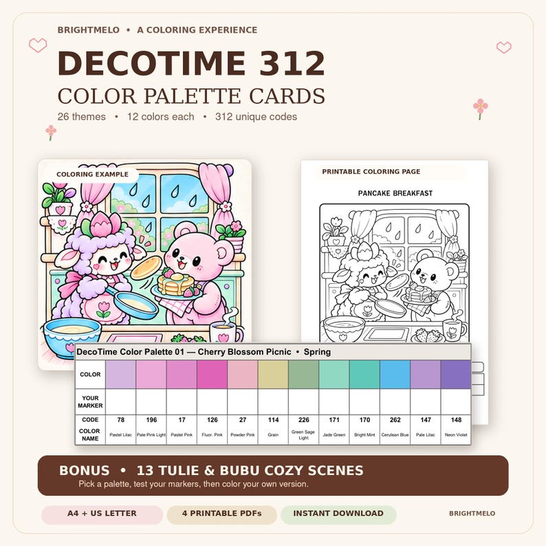 May include: DecoTime 312 color palette cards featuring 26 themes with 12 colors each. Includes a colored example and a black and white printable coloring page titled Pancake Breakfast, plus a color palette chart with 12 specific color codes.