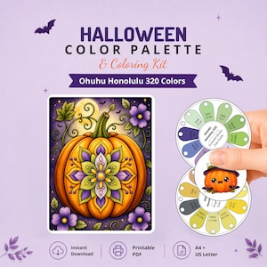 May include: A Halloween color palette and coloring kit featuring a large orange pumpkin with a purple mandala design, surrounded by purple flowers and a full moon. Includes two circular color swatch wheels with Ohuhu Honolulu 320 color codes.