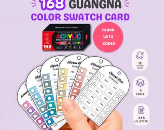 Guangna 168 Color Swatch Card Printable, Acrylic Brush Marker Chart PDF, Blank Color Code Tracker A4 US Letter