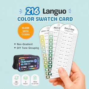 May include: A 216 Languo color swatch card set featuring three vertical white cards with circular color samples and alphanumeric codes. Includes a black Qimiart color painting gel pen case, text labels for non-gradient and DIY tone grouping, and icons for 24 colors per card, 3 pages, and A4 or US letter size.