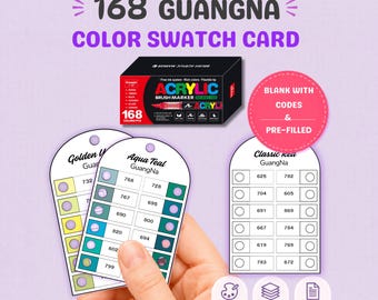 GuangNa 168 Color Swatch Card Printable, Acrylic Brush Marker Chart, Blank with Codes and Pre-Filled Color Cards, A4 Letter PDF