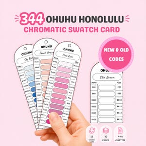 May include: A 344 Ohuhu Honolulu chromatic swatch card set featuring vertical paper strips with colour-coded labels and empty oval spaces for ink testing. The cards display new and old codes for various shades, including blue, peach, pink, and skin tones.