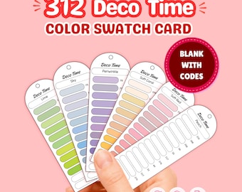 May include: A set of 312 Deco Time color swatch cards featuring various color palettes including lime, sky, periwinkle, soft coral, soft red, and peach. The cards include blank spaces with codes for organization and are formatted for A4 and US letter paper.