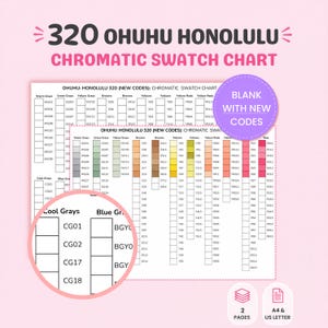 May include: A 320 Ohuhu Honolulu chromatic swatch chart featuring two pages in A4 and US letter sizes. The document displays color codes for warm grays, green grays, yellow grays, browns, yellows, yellow reds, and reds, with a blank version included.