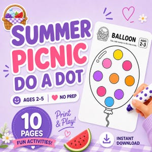 Könnte beinhalten: Ein druckbares Aktivitätsset mit dem Titel "Summer Picnic Do a Dot" mit einem lila und rosa Farbschema. Das Set enthält eine Ballon-Aktivitätsseite mit bunten Punkten, eine Wassermelone und den Text "Print & Play!" und "Instant Download."