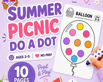 Summer Picnic Dot Marker Coloring Pages, Dot Sticker, Toddler Activity Ages 2–3, Super Easy Dauber Worksheets, Summer Preschool Pack
