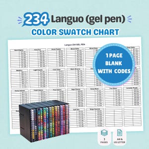 May include: A Languo 234 gel pen color swatch chart featuring a grid of alphanumeric codes organized by color categories. A black storage case filled with numerous colorful gel pens sits in front of the chart. Text includes 1 PAGE BLANK WITH CODES.