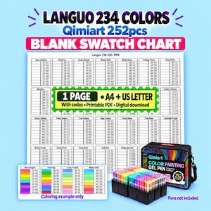 May include: A Languo 234 colors Qimiart 252pcs blank swatch chart featuring a grid of color codes, a printable PDF digital download notice, and a black carrying case for gel pens. The chart includes sections for neon, pastel, and dark tones.