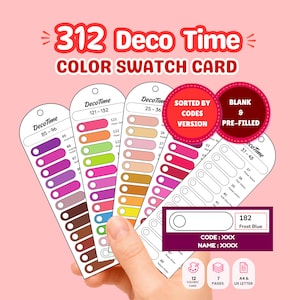 May include: A 312 Deco Time colour swatch card set featuring multiple vertical paper strips with rounded tops. The cards display various colour blocks, numerical codes, and names. Text includes 312 Deco Time Colour Swatch Card, Sorted by Codes Version, Blank & Pre-filled, and 12 Colours/Card, 7 Pages, A4 & US Letter.