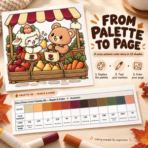Puede incluir: Una página para colorear con una oveja y un oso de dibujos animados en un puesto de mercado con manzanas, peras y zanahorias. El texto dice FROM PALETTE TO PAGE. Una tabla de colores muestra 12 tonos, incluyendo Buttercup Yellow, Terra Cotta y Walnut.