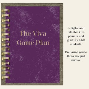 May include: A purple notebook with gold spiral binding, titled "The Viva Game Plan". The text is gold. The notebook is designed for PhD students. The background has a wooden texture. The notebook is a digital and editable planner.