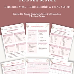 May include: A collection of undated ADHD planners with a pink and white floral design. The bundle includes a Dopamine Menu, and daily, monthly, and yearly systems. The text on the planner reads "2026 Adult ADHD Reset Planner Bundle".