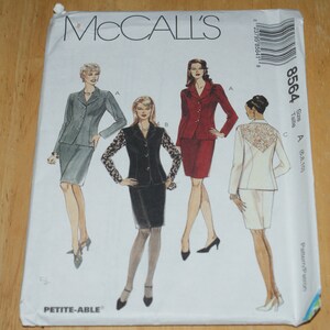 May include: McCall's pattern 8564 for a women's suit in sizes 6, 8, and 10. The pattern includes three different styles: a gray suit, a black suit with a leopard print sleeve, and a white suit with a lace overlay. The pattern is labeled "Petite-Able."
