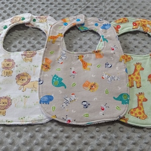 Zoo Animal Baby Bib: Cotton Flannel Burp Cloth, Adjustable Snaps