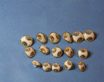 16 Fancy White and Gold  look Plastic Shank Buttons 3 sizes  Lot 284