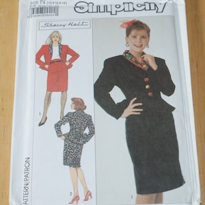 May include: A sewing pattern for a skirt and jacket set. The pattern is for sizes 10, 12, and 14. The pattern is by Simplicity and is designed by Sherry Halt.