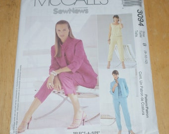 Retired Uncut McCall's  Misses Unlined Jacket Top and Pants in Two Sizes  Pattern 3094 B Size 8 , 10, 12 ,