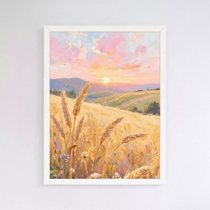 May include: A framed landscape painting depicts a wheat field at sunset. The sky is filled with pink and orange clouds, and the sun is setting over rolling hills. The wheat is golden, and wildflowers dot the foreground.