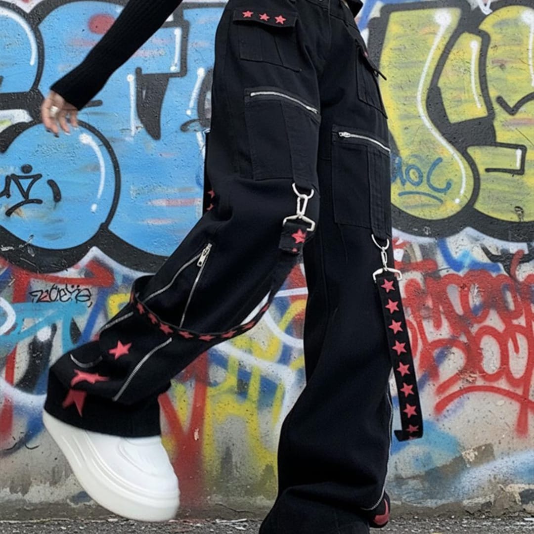 Y2K Harajuku Retro Gothic Baggy Cargo Jeans, Black Vintage Denim
