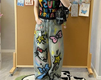 Jeans Harajuku Streetwear rétro Y2K, pantalon en denim graphique anime kawaii, style vintage ample et taille haute