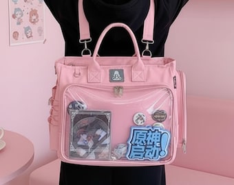 Mochila estilo ITA estilo Harajuku kawaii, bolso grande transparente con pin, bolso de anime personalizado
