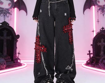 Vaqueros holgados estilo gótico Harajuku Y2K, pantalones vaqueros con estampado estético vintage de los años 2000, pantalones de estilo urbano coreano.