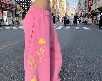 Y2K Harajuku Retro Letter Print Jogginghose mit weitem Bein, Elastische Taille Lose Beiläufige Rosa Hose