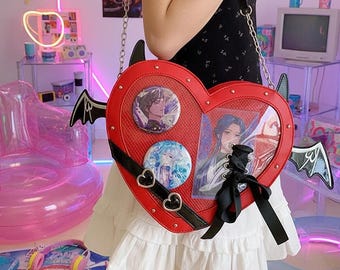 Kawaii Harajuku Herz Ita Bag, Punk Teufel Fledermaus Pin Display Crossbody, Lolita Cosplay Ita Bag