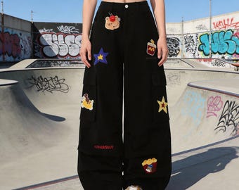 Retro American Embroidered Jeans, Y2K Harajuku High Waist Wide Leg Denim, Loose Workwear Pants
