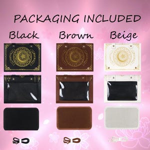May include: Image shows three sets of packaging in black, brown, and beige. Each set includes a decorative box, a clear-windowed pouch, and a solid or mesh-textured base, with a strap. Text on the image reads "PACKAGING INCLUDED".