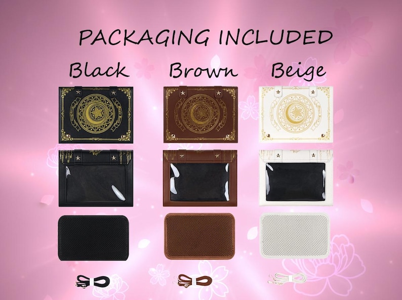 May include: Image shows three sets of packaging in black, brown, and beige. Each set includes a decorative box, a clear-windowed pouch, and a solid or mesh-textured base, with a strap. Text on the image reads "PACKAGING INCLUDED".