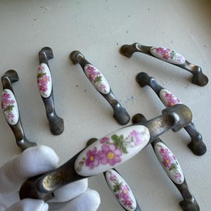 Vintage Metal Drawer Pulls with Floral Porcelain - Set of 8 Pink Flower Cabinet Handles - French Brocante Hardware