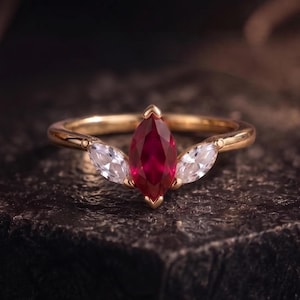 Marquise Ruby Engagement Ring, Ruby & Moissanite Ring, Minimalist Gold Promise Ring, July Birthstone Ring, Dainty Solitaire Ring for Women