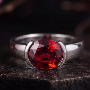 Könnte beinhalten: Ein silberfarbener Ring mit einem großen, runden, facettierten, tiefroten Edelstein in einer Spannfassung. Die Ringschiene ist glatt und poliert und weist ein klares, metallisches Finish auf, das einen Kontrast zu dem leuchtenden, dunkelroten Stein bildet.