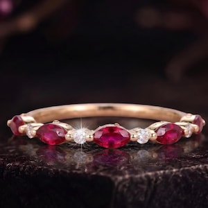 Ruby Wedding Band, Marquise Ruby Half Eternity Ring, Dainty Ruby Stacking Ring, July Birthstone Ring, Anniversary Band, Minimalist Gold Ring