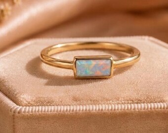 Minimalist Baguette Opal Ring, 14K Gold Filled Opal Stacking Ring, Dainty October Birthstone Ring, Thin Gold Ring for Women