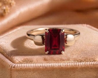 Ring met in het laboratorium vervaardigde robijn, ring met smaragdgeslepen robijn, gouden verlovingsring met robijn, ring met geboortesteen van juli, robijnring, beloftesring, cadeau voor haar