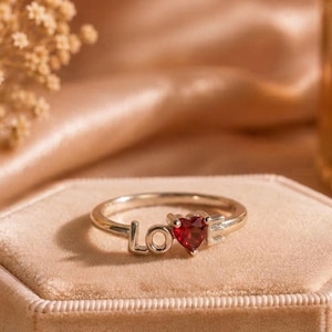 Personalized LOVE Heart Ring, Lab Created Ruby Ring, Heart Promise Ring, Minimalist Couple Ring, Gift for Her, Anniversary Jewelry
